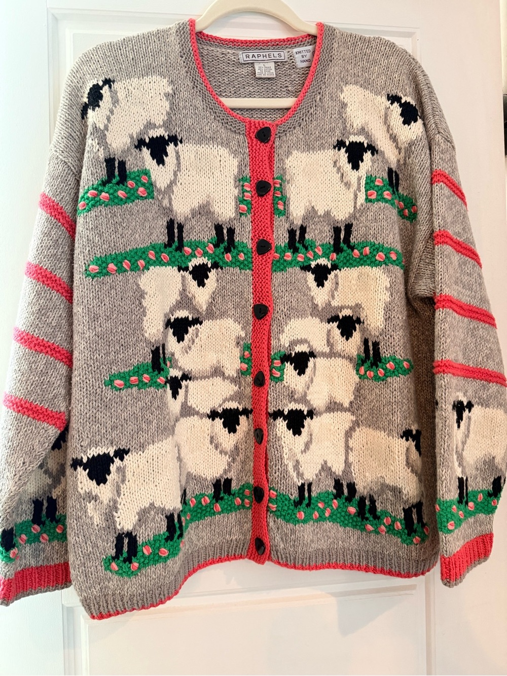 Rare Vintage Raphels Hand Knit Sheep Lamb Cardigan Sweater Cottagecore L